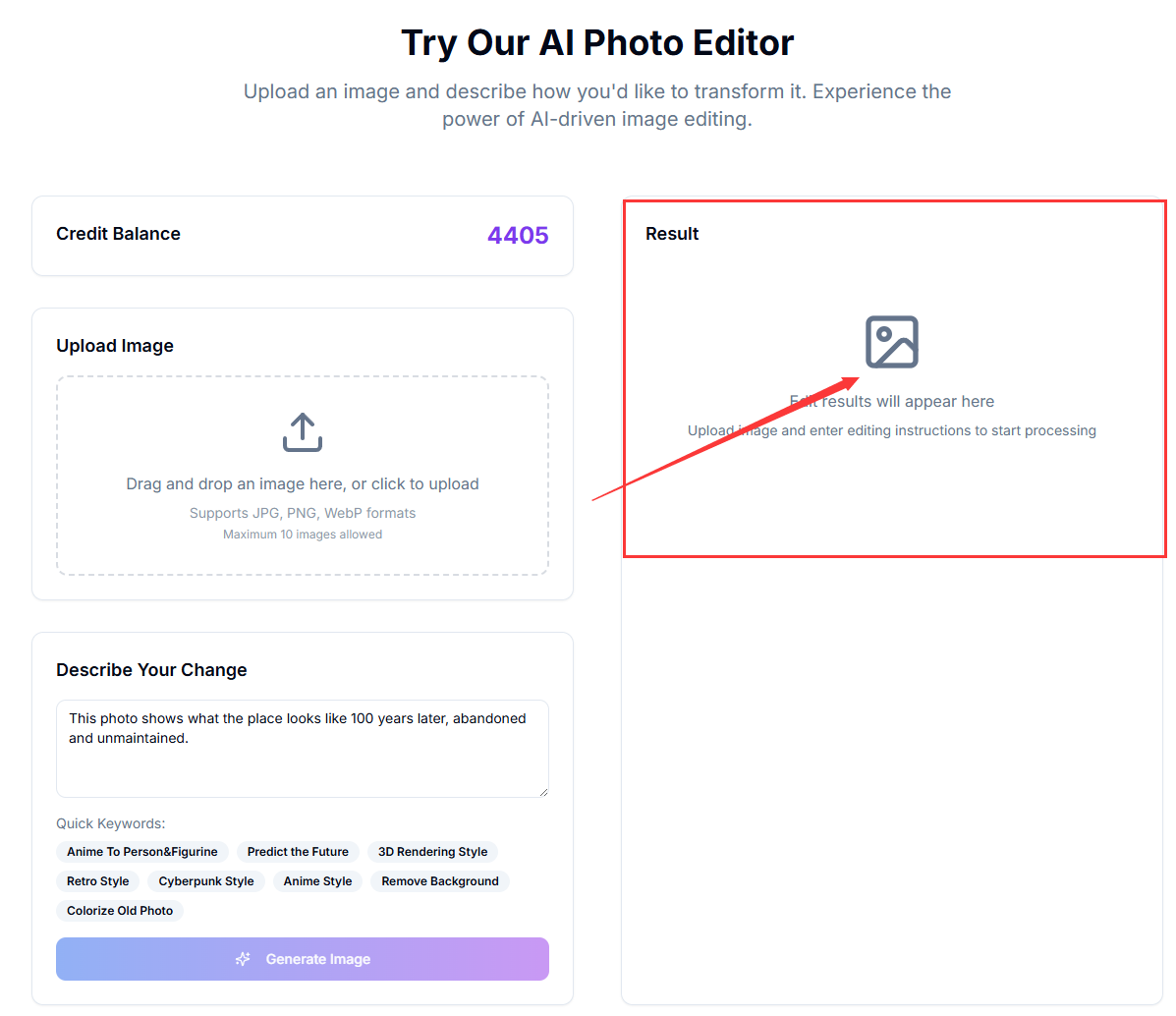Edited image appears in the right-side result panel